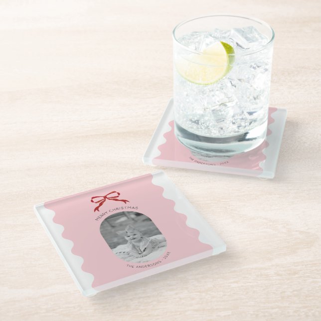 Modern Pink Scalloped Red Bow Christmas Photo  Glass Coaster (Angled)