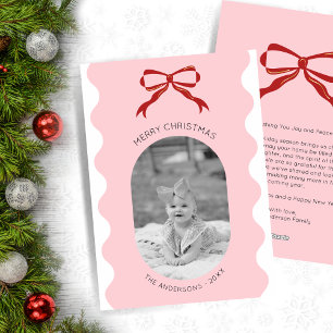 Modern Pink Scalloped Red Bow Christmas Photo Holiday Card