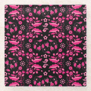 Modern Pink Scandinavian Floral Pattern Glass Coaster