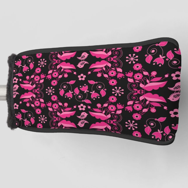 Modern Pink Scandinavian Floral Pattern Golf Head Cover (Front)