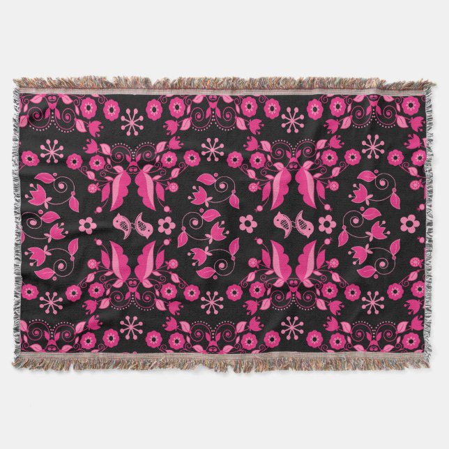 Modern Pink Scandinavian Floral Pattern Throw Blanket (Front)