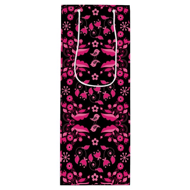 Modern Pink Scandinavian Floral Pattern Wine Gift Bag (Front)