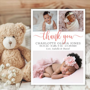 Modern Pink Script Baby Girl Birth Photo Collage  Announcement