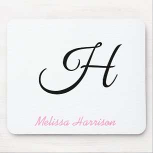 Modern Pink Script Black Initial Monogram Name Mouse Mat