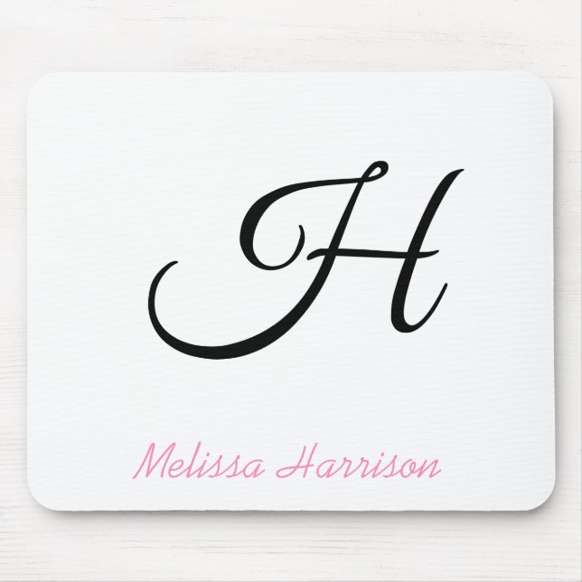 Modern Pink Script Black Initial Monogram Name Mouse Mat (Front)