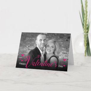 Modern Pink Script Chic Hearts Black White Photo Card
