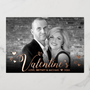 Modern Pink Script Chic Hearts Black White Photo Foil Holiday Card