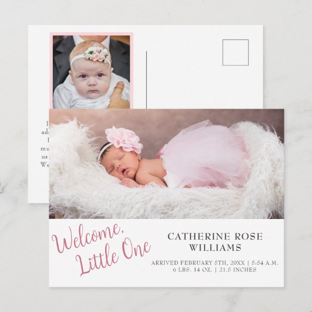 Modern Pink Script Girl Baby Girl Birth  Announcement Postcard (Front/Back)