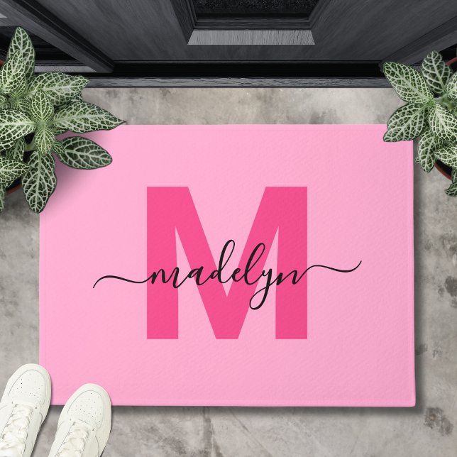 Modern Pink Script Initial Monogram Name Doormat (Modern Pink Script Initial Monogram Name Doormat )