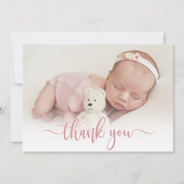 Modern Pink Script Newborn Baby Photo Thank You (Front)