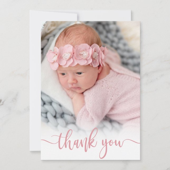 Modern Pink Script Newborn Baby Photo Thank You Card (Front)