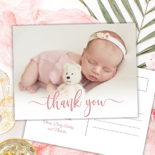 Modern Pink Script Newborn Baby Photo Thank You  Postcard