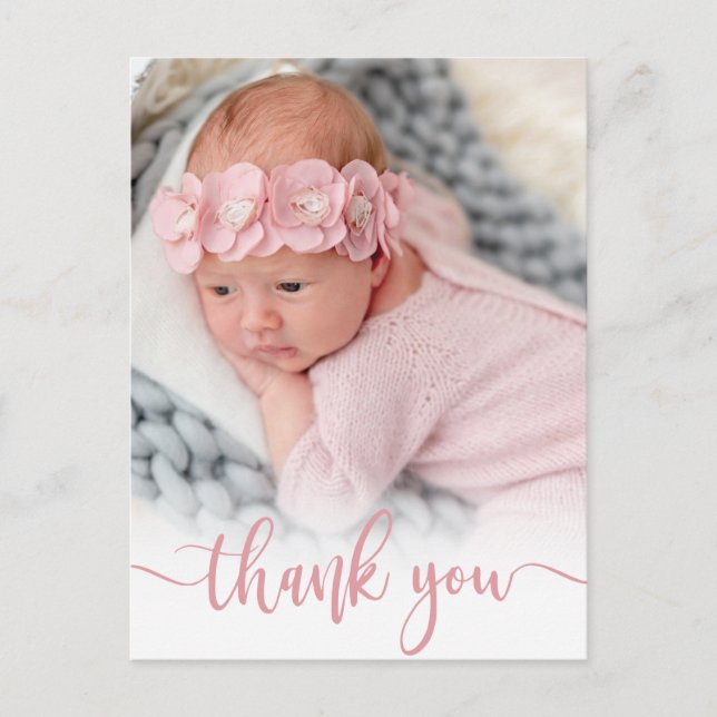 Modern Pink Script Newborn Baby Photo Thank You  Postcard (Front)
