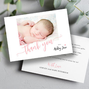 Modern pink script photo baby shower thank you card