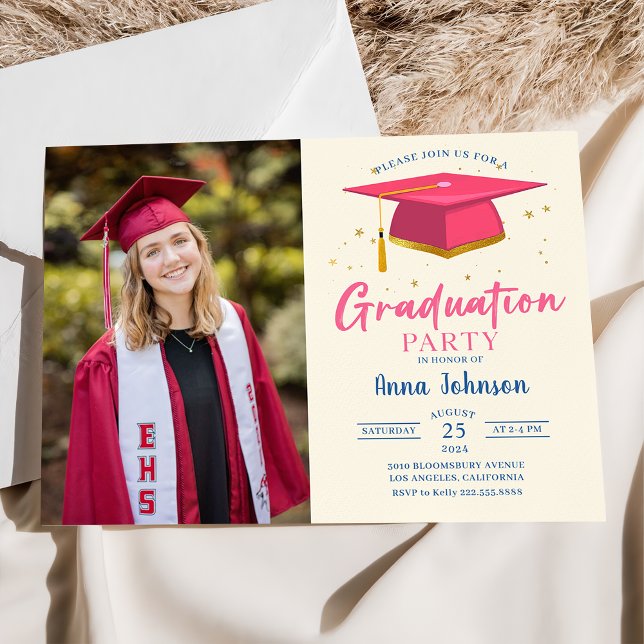 Modern Pink Script Photo Graduation Party Invitation (Creator Uploaded)
