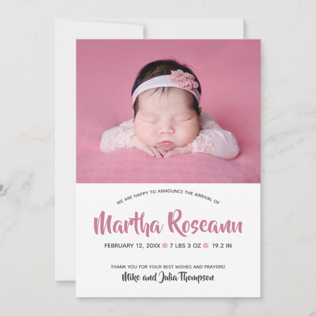 Modern Pink Script Photo Newborn Baby Girl Birth  Announcement (Front)
