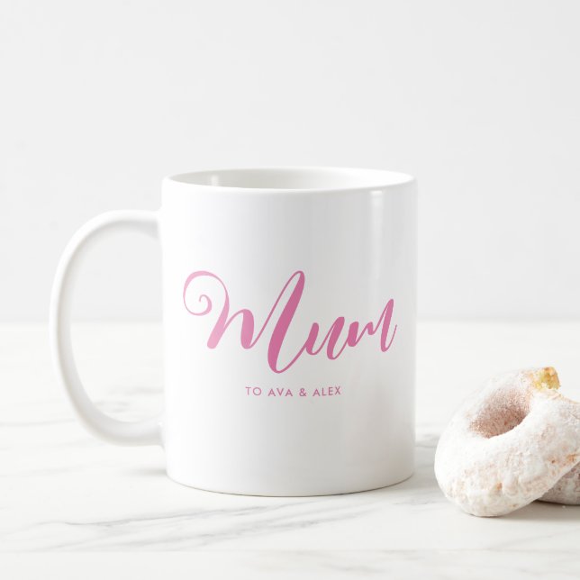 Modern Pink Script with names Mother's Day Mum Coffee Mug (With Donut)