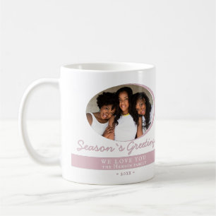 Modern Pink Season Greetings Script Photo Holiday Coffee Mug
