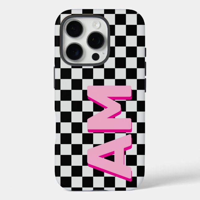 Modern Pink Shadow Monogram Chequerboard Initial  Case-Mate iPhone Case (Back)