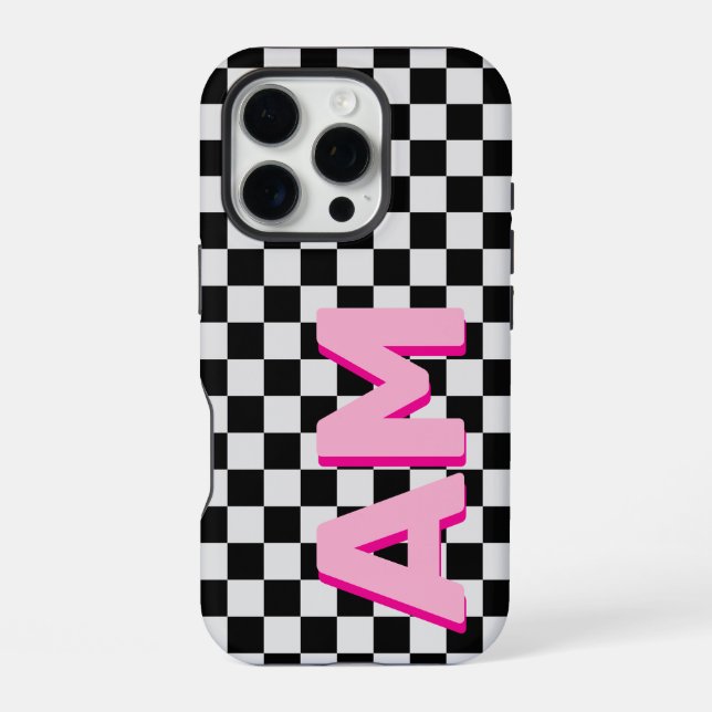 Modern Pink Shadow Monogram Chequerboard Initial  iPhone Case (Back)