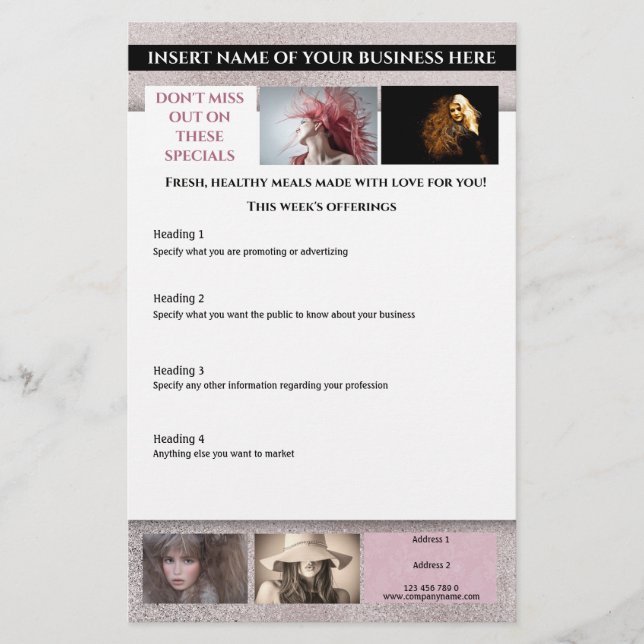 Modern pink shimmer designer 6 photo hair stylist flyer (Front)