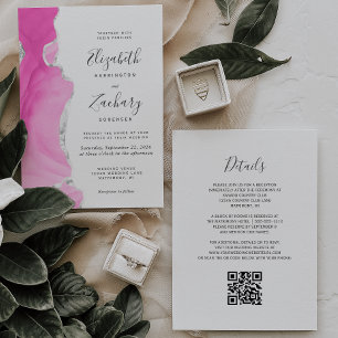 Modern Pink Silver Agate QR Code Wedding Invitation
