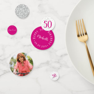 Modern Pink Silver and White 50 and Fabulous Confetti