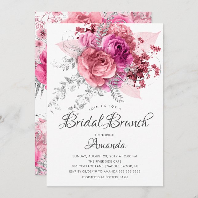 Modern Pink & Silver Floral Bridal Brunch Invitation (Front/Back)