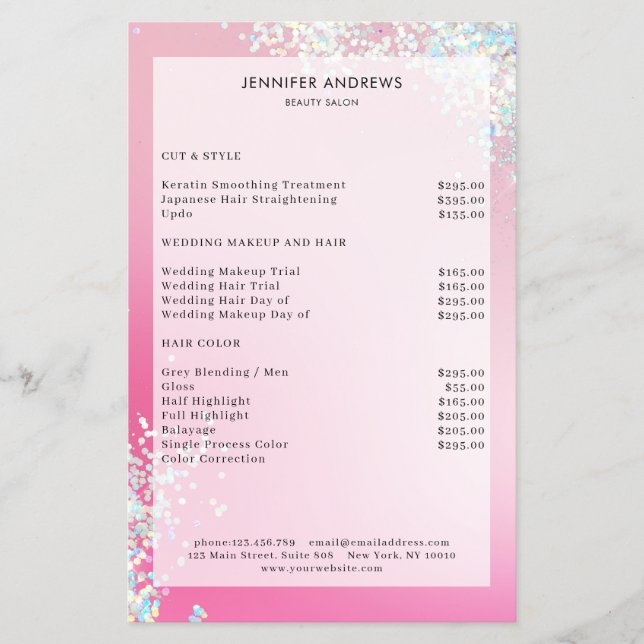 Modern Pink Silver Glitter Salon Price List  Flyer (Front)