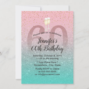 Modern Pink Silver Teal Glitter 60 Birthday Party Invitation