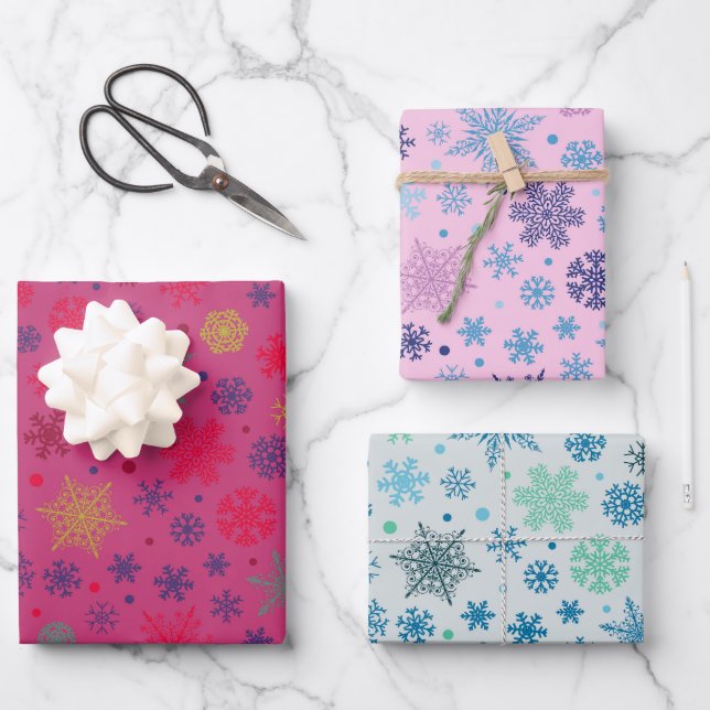 Modern Pink Snowflake Christmas Pattern Set of  Wrapping Paper Sheet (Front)