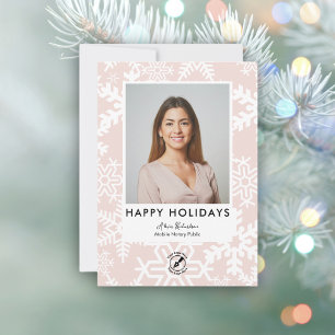 Modern Pink Snowflake Notary Happy Holidays Photo Holiday Card