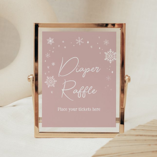Modern Pink Snowflakes Baby Shower Diaper Raffle Poster (Modern Pink Baby It's Cold Outside Baby Shower Diaper Raffle Sign)