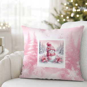Modern Pink Snowman Christmas Scene Kids Gift  Cushion