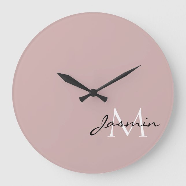 Modern Pink Solid Colour Name Monogram Large Clock (Front)