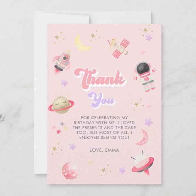 Modern Pink Space Galaxy Girl Birthday  Thank You Card (Front)