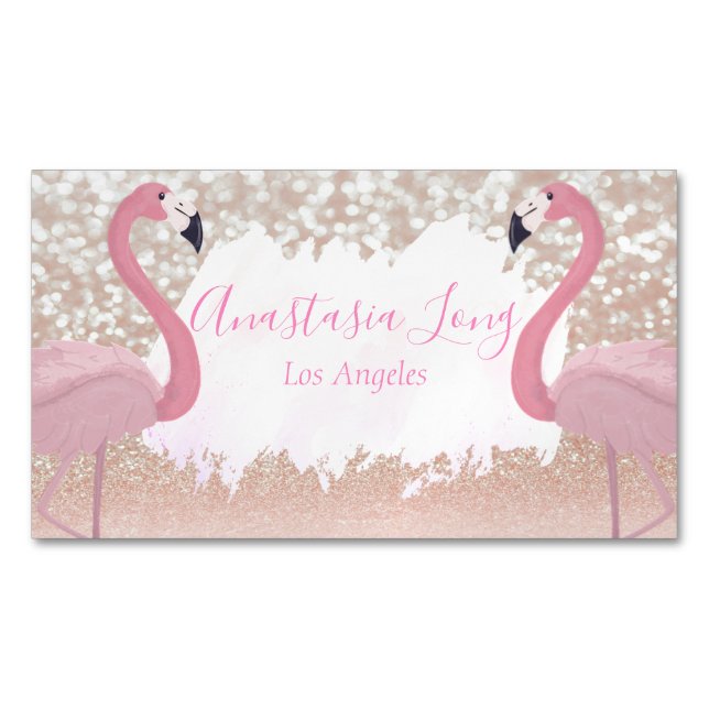 Modern Pink Sparkly Flamingo Magnet Business Card (Front)