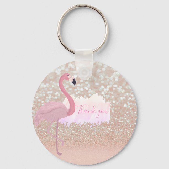 Modern Pink Sparkly Flamingo, Thank You Key Ring (Front)