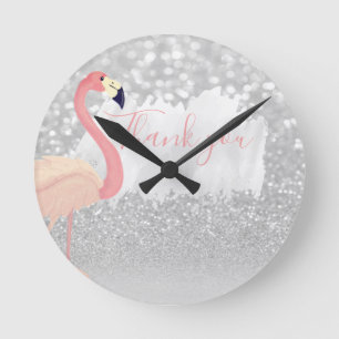Modern Pink Sparkly Flamingo, Thank You Round Clock