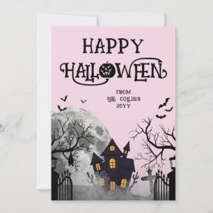Modern Pink Spooky Haunted House Happy Halloween Holiday Card