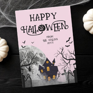Modern Pink Spooky Haunted House Happy Halloween Holiday Card