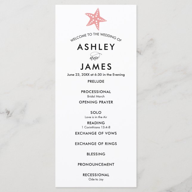Modern Pink Starfish Wedding Program for Ceremony Programme (Front)