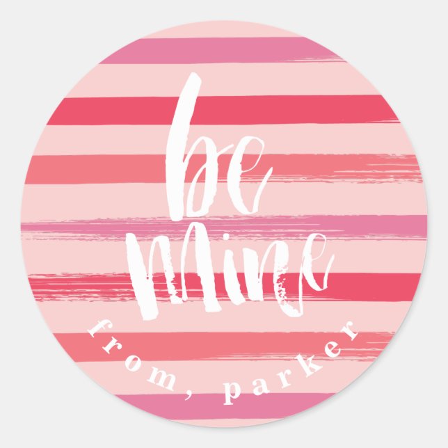 Modern pink stripe classroom valentine day card classic round sticker (Front)