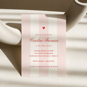 Modern Pink Stripe Heart Valentine Baby Shower Invitation