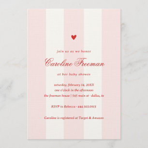 Modern Pink Stripe Heart Valentine Baby Shower Invitation