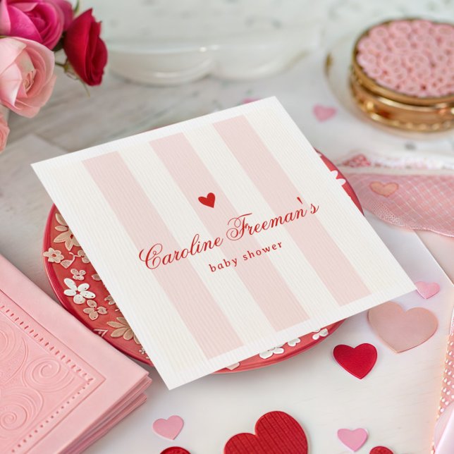 Modern Pink Stripe Heart Valentine Baby Shower Napkin (Creator Uploaded)