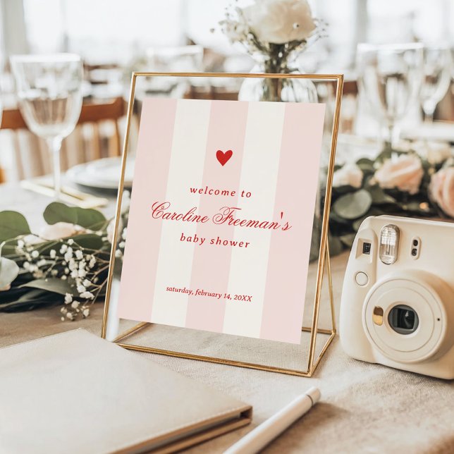 Modern Pink Stripe Heart Valentine Table Welcome Poster (Creator Uploaded)