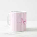 Modern Pink Stripe Monogram Name Coffee Mug<br><div class="desc">Start your morning in style with this personalized pink striped coffee mug, designed to bring timeless charm to every sip. Featuring a soft pink and white striped background, this elegant mug is customized with your monogram initial and full name in a graceful script font—creating a feminine, refined look that feels...</div>
