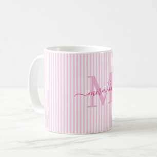 Modern Pink Stripe Monogram Name Coffee Mug