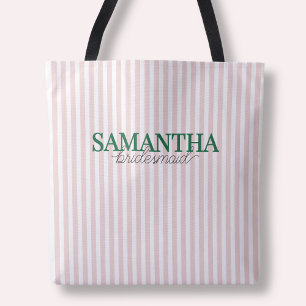 Modern Pink Striped Custom Green Bridesmaid Name Tote Bag